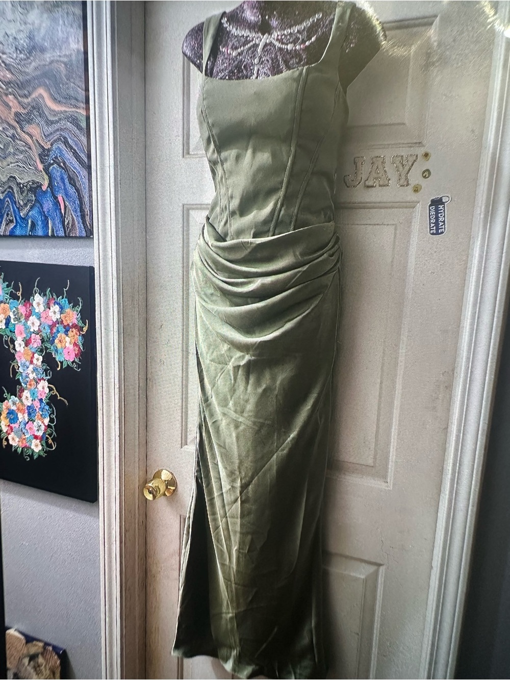 Olive Green Satin Ruched Evening Dress